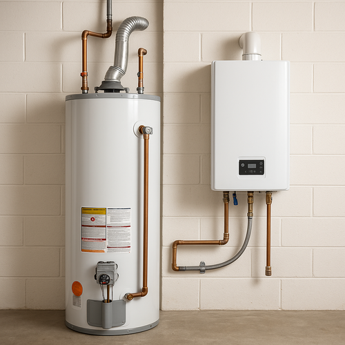 tanked and tankless water heaters side by side