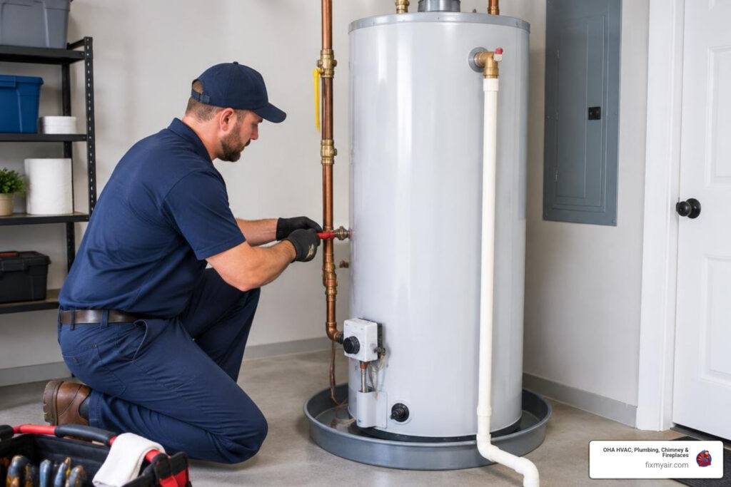 Professional technician installing a 40-gallon water heater with copper water lines