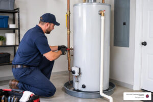 Professional technician installing a 40-gallon water heater with copper water lines