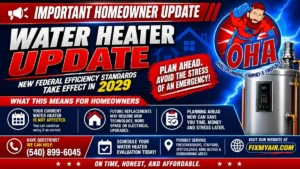 OHA graphic summarizing 2029 federal water heater efficiency standards for Fredericksburg VA homeowners