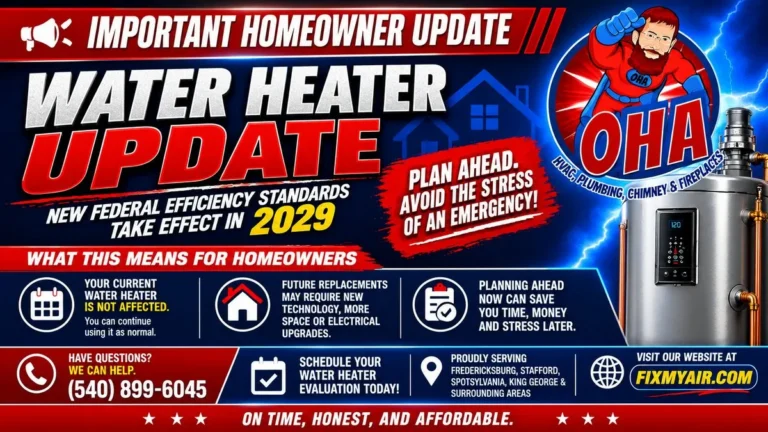 OHA graphic summarizing 2029 federal water heater efficiency standards for Fredericksburg VA homeowners