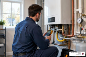 HVAC technician inspecting a residential boiler during a boiler repair visit in Chantilly, VA
