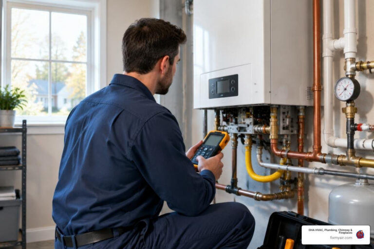 HVAC technician inspecting a residential boiler during a boiler repair visit in Chantilly, VA