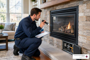 Professional gas fireplace inspection with technician checking safe flame operation and glass enclosure