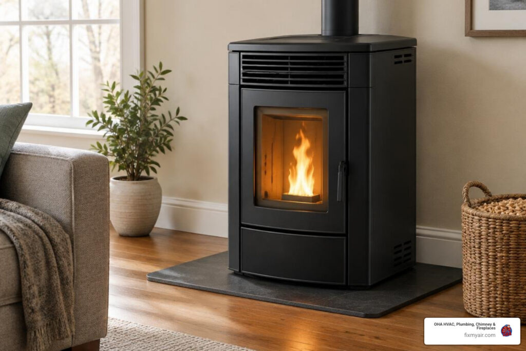 Modern pellet stove with a natural flame in a clean home interior