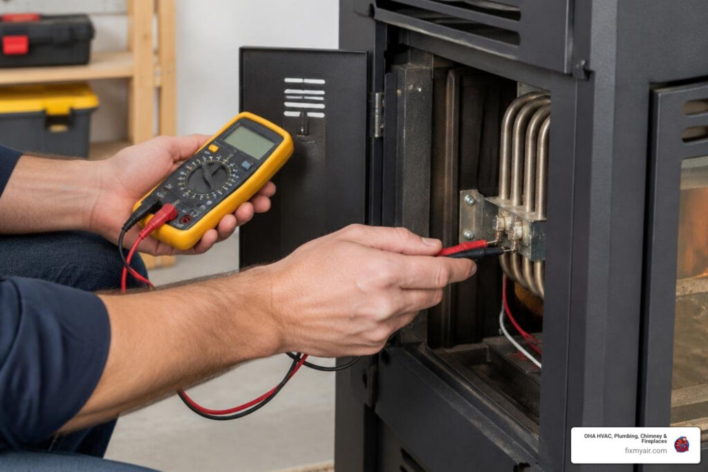 Multimeter testing resistance on pellet stove heating element