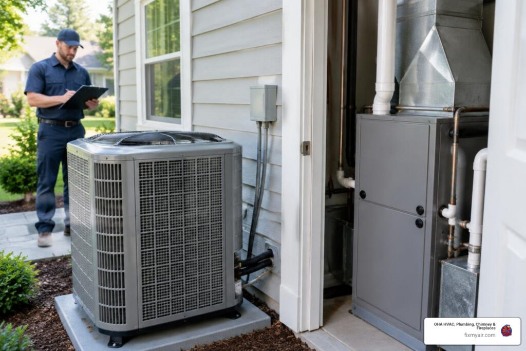 HVAC technician assessing a matched high-efficiency AC and furnace system for replacement
