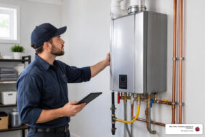 Licensed plumber inspecting a wall-mounted tankless water heater installation in a utility room