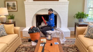 Professional chimney sweep cleaning a conventional brick fireplace in a Fairfax, Virginia home
