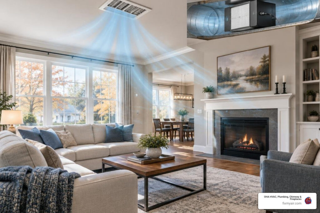 Clean residential living room with subtle airflow visualization showing a whole-home furnace air scrubber supporting indoor