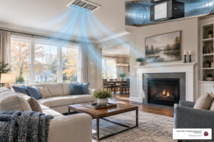 Clean residential living room with subtle airflow visualization showing a whole-home furnace air scrubber supporting indoor