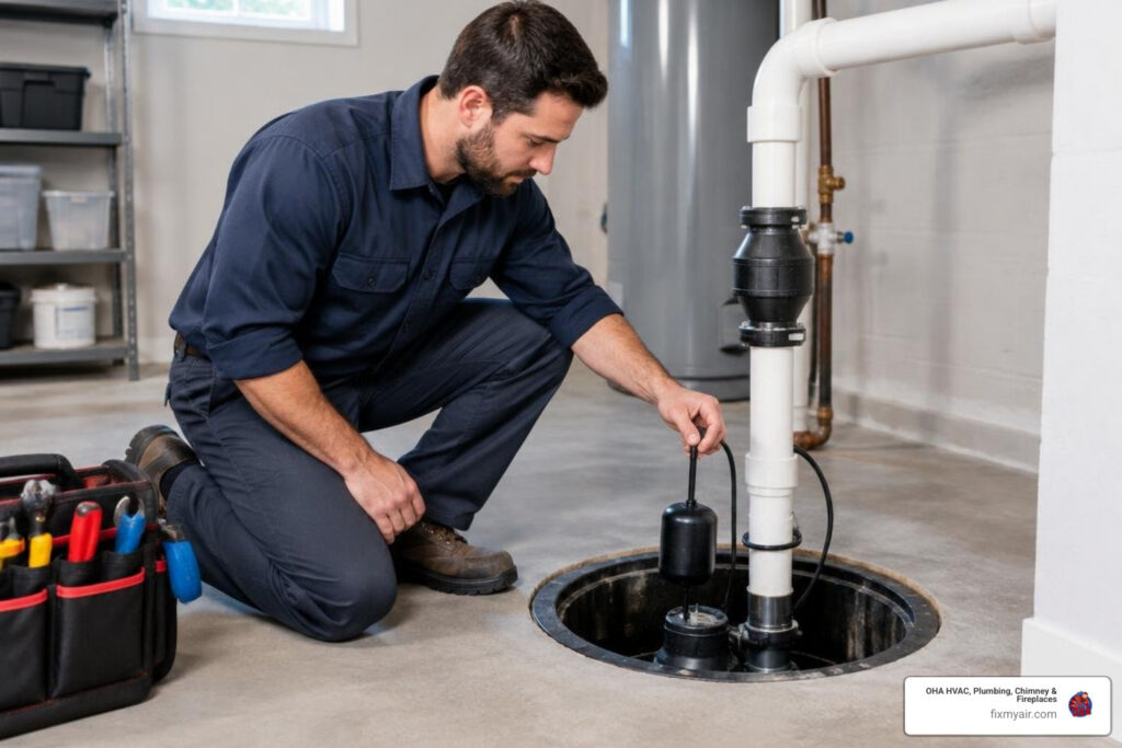 Plumbing technician inspecting a sump pump basin and float switch in a Stafford home