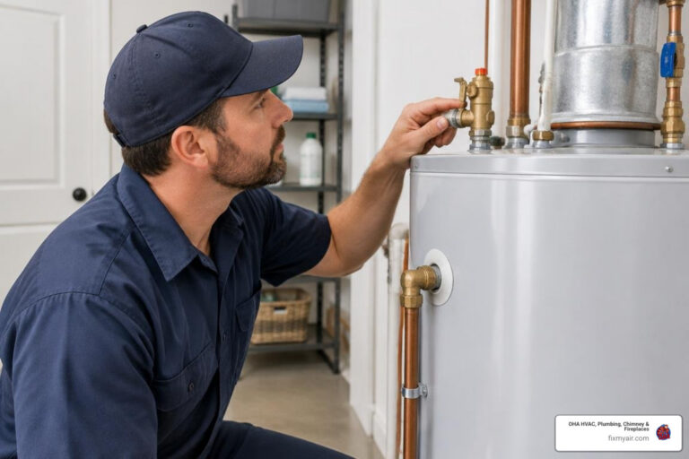 Technician inspecting a residential tank water heater as part of seasonal maintenance